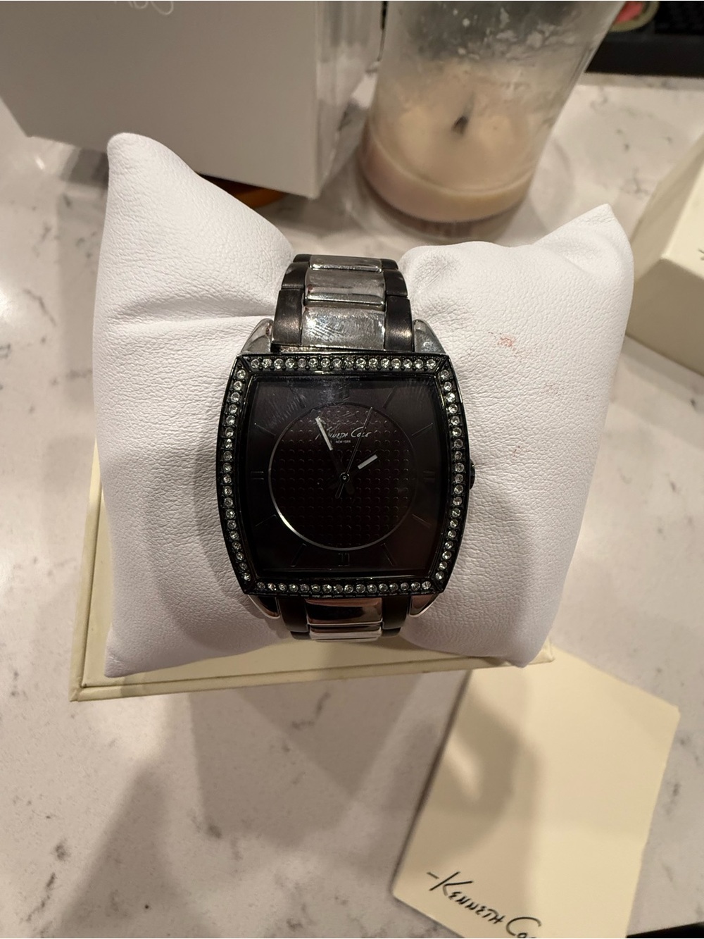 Kenneth Cole Black and Silver Crystal-Trim MC Rectangular Watch